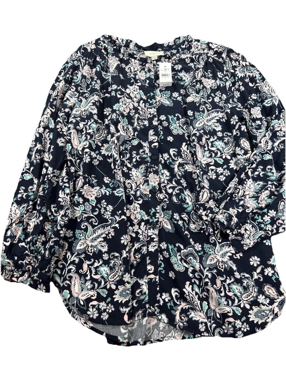 LOFT Women’s Size L NWT Blouse Floral Navy Blue Long Sleeve Peasant Boho